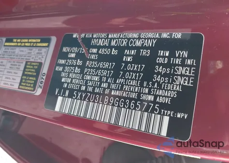 2016 Hyundai Santa Fe Sport 2.4L z USA, uszkodzony, nr VIN 5XYZU3LB9GG365775